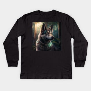 Wolfdog In Enchanted Forest Kids Long Sleeve T-Shirt